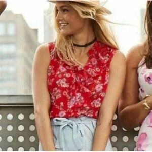 CAbi Red Floral Ruffle Crush Blouse